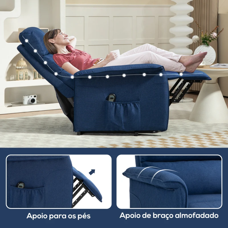 HOMCOM Poltrona Relax Reclinável Elétrica Poltrona Levanta Pessoas com Controlo Remoto e Bolso Lateral 66x90x96 cm Azul