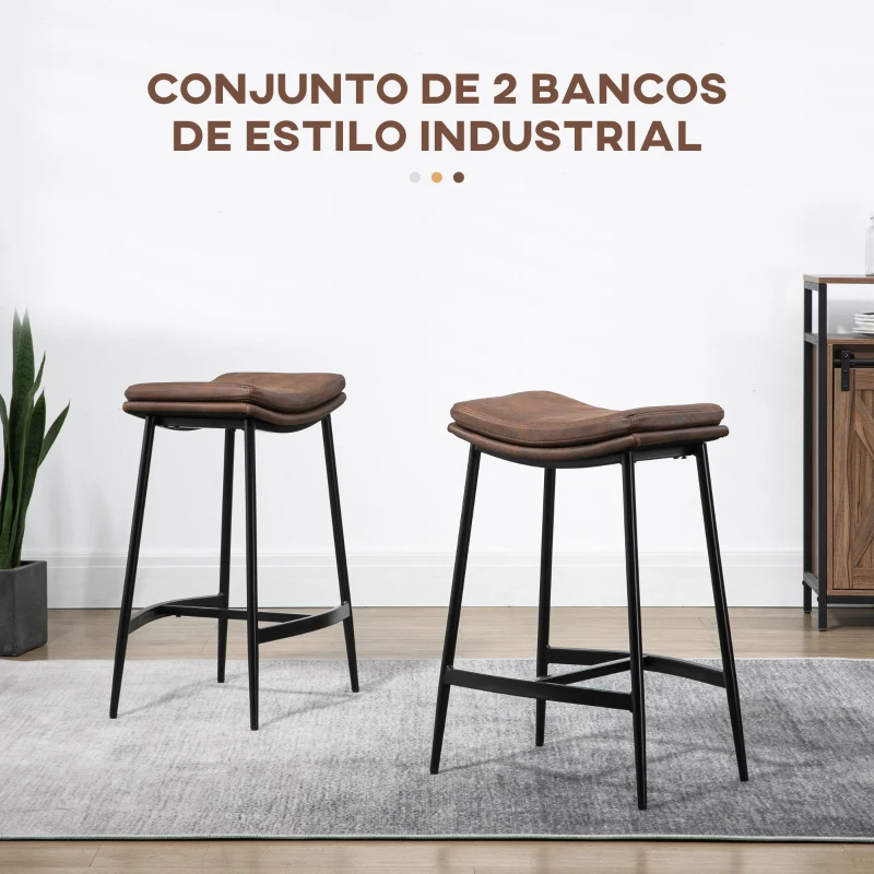 HOMCOM Conjunto de 2 Bancos Altos de Cozinha Bancos de Bar com Estrutura de Aço Estilo Industrial 48,5x38,5x68,5 cm Marrom