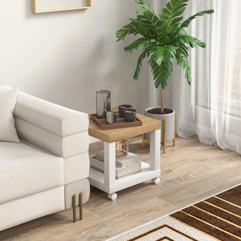 HOMCOM Mesa Auxiliar com Rodas Mesa Auxiliar com Prateleira Aberta para Sofá Dormitório 40x40x40 cm Branco e Madeira