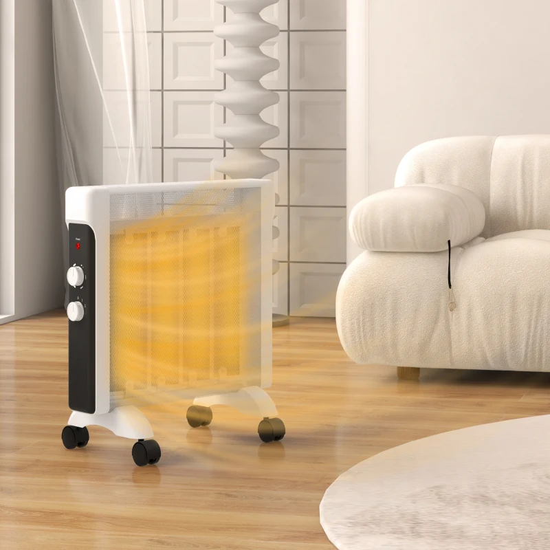 HOMCOM Aquecedor Elétrico 1000W/2000W Aquecedor com Painéis de Mica Rodas Aquecedor Elétrico de Baixo Consumo 26,5x55x61,5 cm Branco