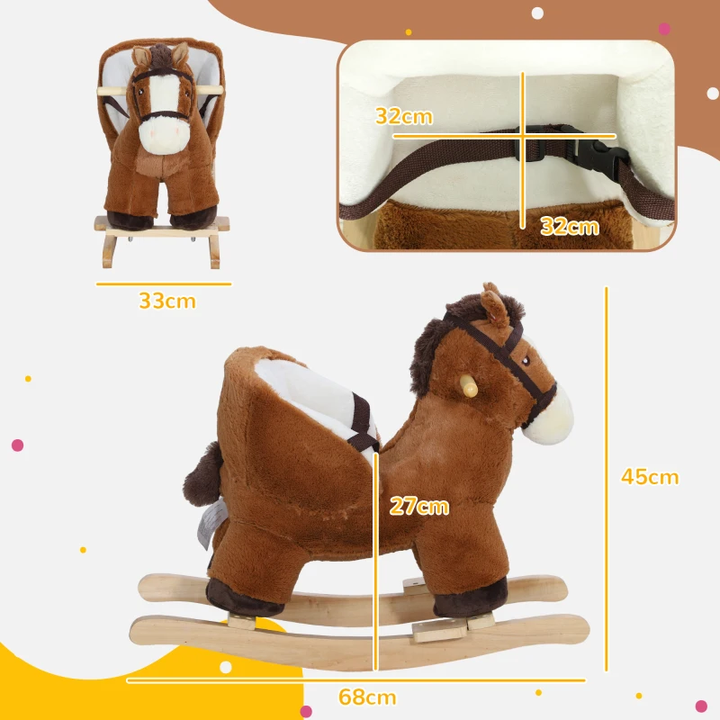 AIYAPLAY Cavalo Baloiço para Crianças de 18-36 Meses com Sons Cinto de Segurança e Base de Madeira Carga 25 kg 68x33x45 cm Marrom