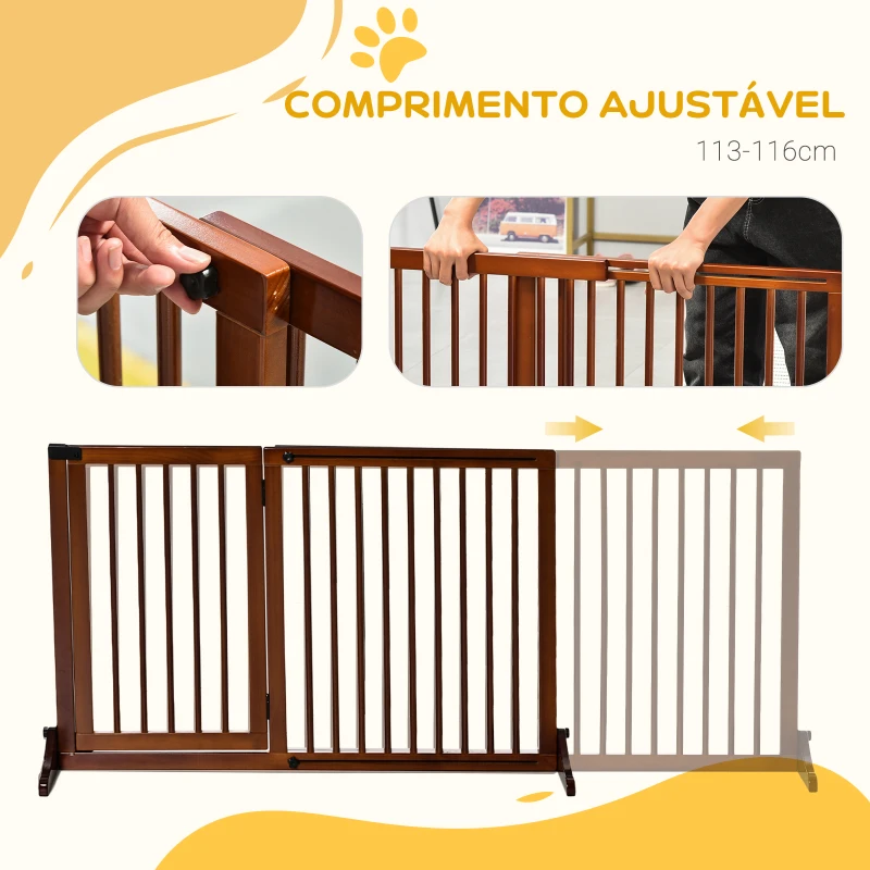 PawHut Barreira de Segurança Extensível 3 Peças com Estrutura de Madeira e Suporte de Pé 113-166x36x71 cm Marrom