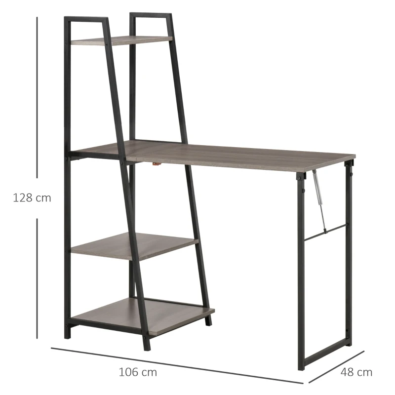 HOMCOM Birou Pliabil cu Bibliotecă pe 4 Niveluri, Birou Economizor de Spațiu din Metal și Lemn, 106x48x128 cm, Gri