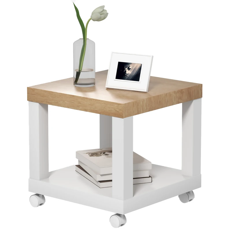 HOMCOM Mesa Auxiliar com Rodas Mesa Auxiliar com Prateleira Aberta para Sofá Dormitório 40x40x40 cm Branco e Madeira