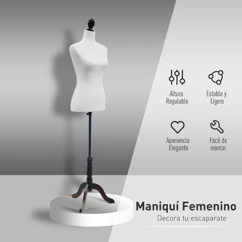 HOMCOM Maniquí Mujer Ajustable a 130-168 cm con Trípode de Madera 50 Alfileres de Colores para Fotografía de Moda Blanco