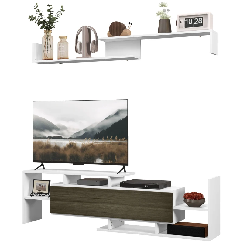HOMCOM Mobilier TV cu Raft de Perete, Rafturi Deschise și Dulăpior din Lemn, Mobilier TV Modern, 153,6x25x42 cm, Alb