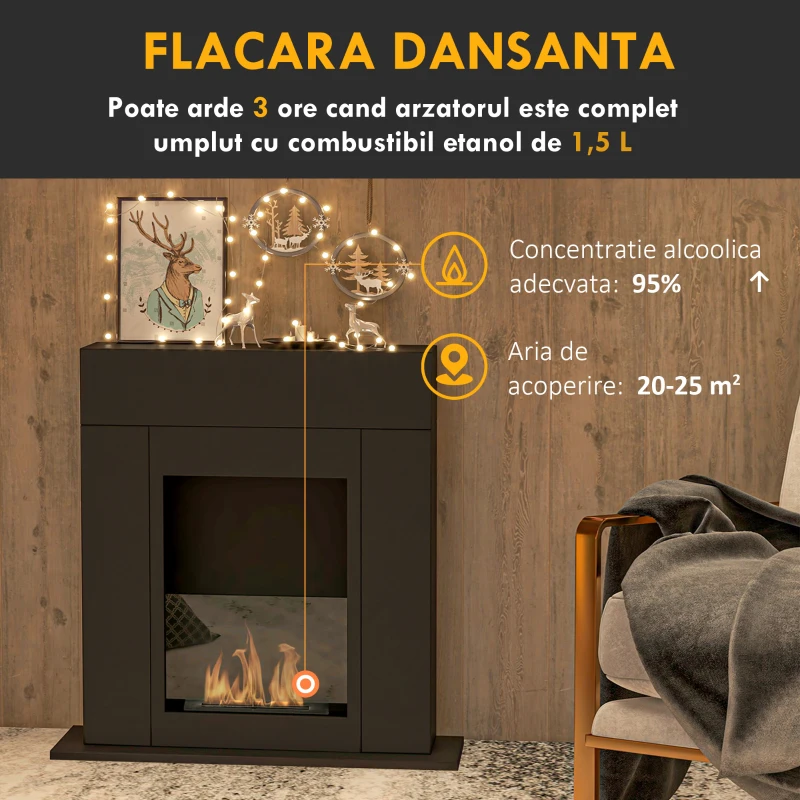HOMCOM Șemineu cu Bioetanol de Podea și Arzător de 0,9L pentru 3 Ore de Ardere fără Fum, 73x20x75 cm, Negru
