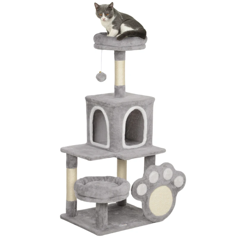 PawHut Arranhador para Gatos Torre para Gatos com Ninho Caverna Plataforma Arranhador Bola Suspensa 48x40x110 cm Cinza Claro