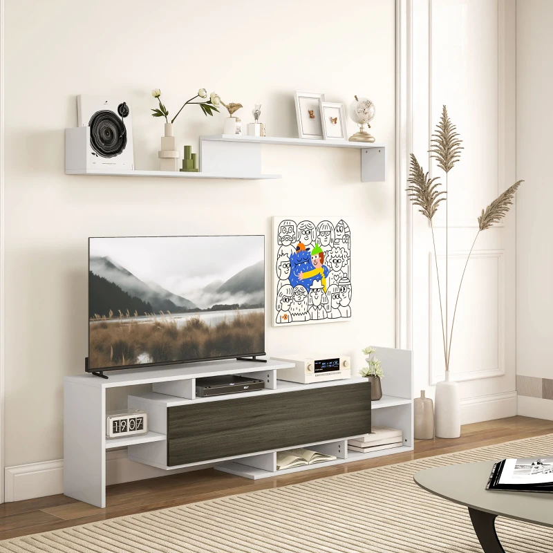 HOMCOM Mobilier TV cu Raft de Perete, Rafturi Deschise și Dulăpior din Lemn, Mobilier TV Modern, 153,6x25x42 cm, Alb