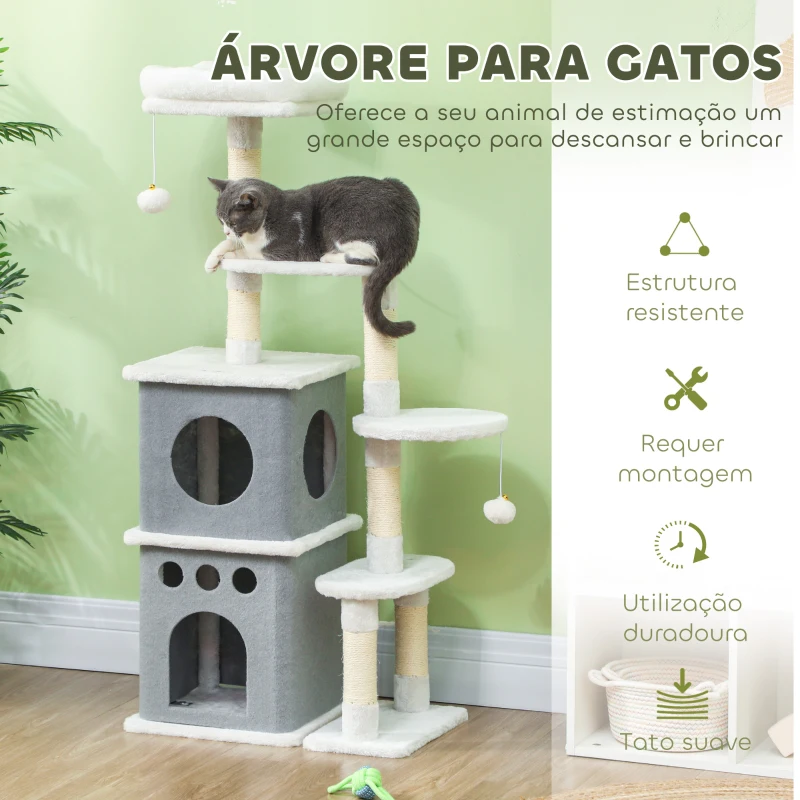 PawHut Arranhador para Gatos 126 cm com Caverna Plataformas Bolas Suspensas e Poste de Sisal 56x34x126 cm Cinza e Creme