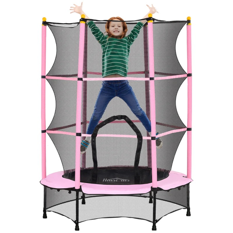 HOMCOM Trampoline voor Kinderen, Ø140 cm, met Veiligheidsnet, Binnen en Buiten, Staal, Kunststof, Tot 50 kg, Roze