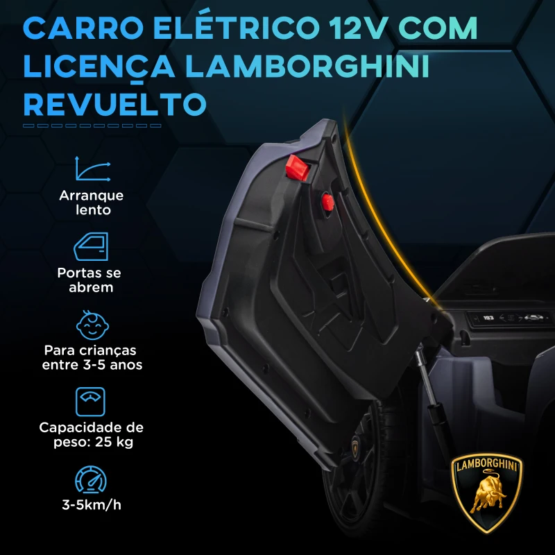 AIYAPLAY Carro Elétrico para Crianças Carro Lamborghini Revuelto com Bateria 12V  Faróis LED e Música 105x60x40 cm Cinza