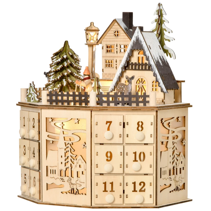 HOMCOM kerst adventskalender met 24 lades kerstkalender met LED verlichting adventskalender box MDF plaat naturel hout 25 x 20 x 29 cm