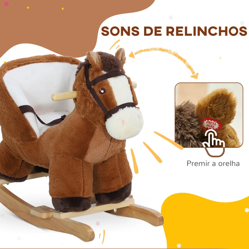 AIYAPLAY Cavalo Baloiço para Crianças de 18-36 Meses com Sons Cinto de Segurança e Base de Madeira Carga 25 kg 68x33x45 cm Marrom
