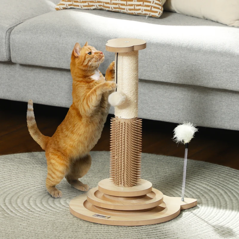 PawHut 49cm 5 in 1 Cat Scratching Post with Sisal Post, Track Ball, Self Grooming Brush, Hanging Toy Ball, Feather, Oak Tone