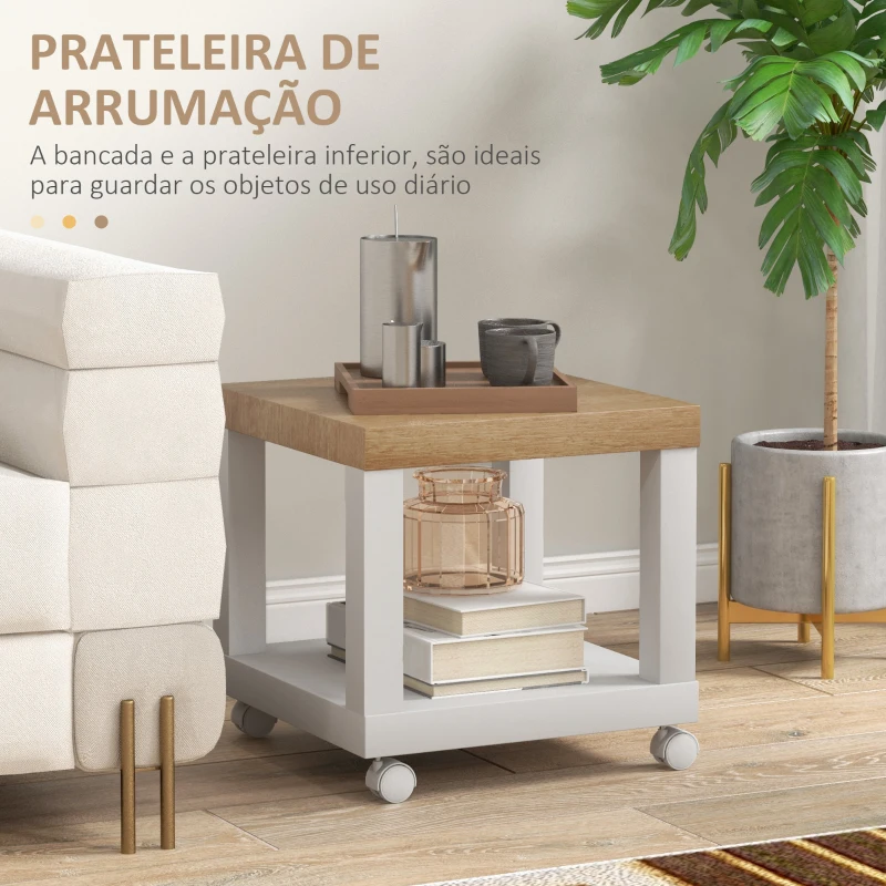 HOMCOM Mesa Auxiliar com Rodas Mesa Auxiliar com Prateleira Aberta para Sofá Dormitório 40x40x40 cm Branco e Madeira
