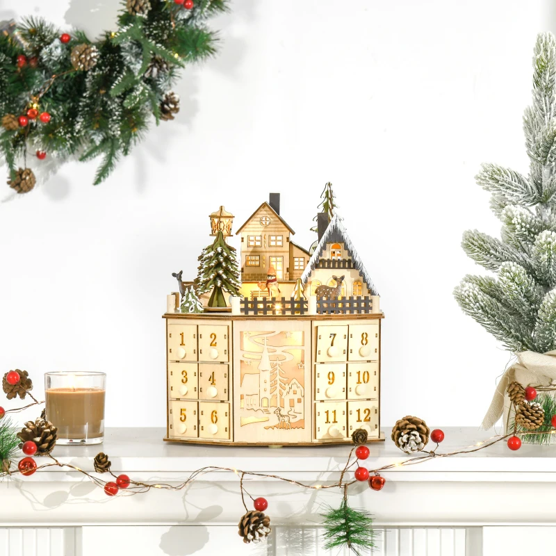 HOMCOM kerst adventskalender met 24 lades kerstkalender met LED verlichting adventskalender box MDF plaat naturel hout 25 x 20 x 29 cm