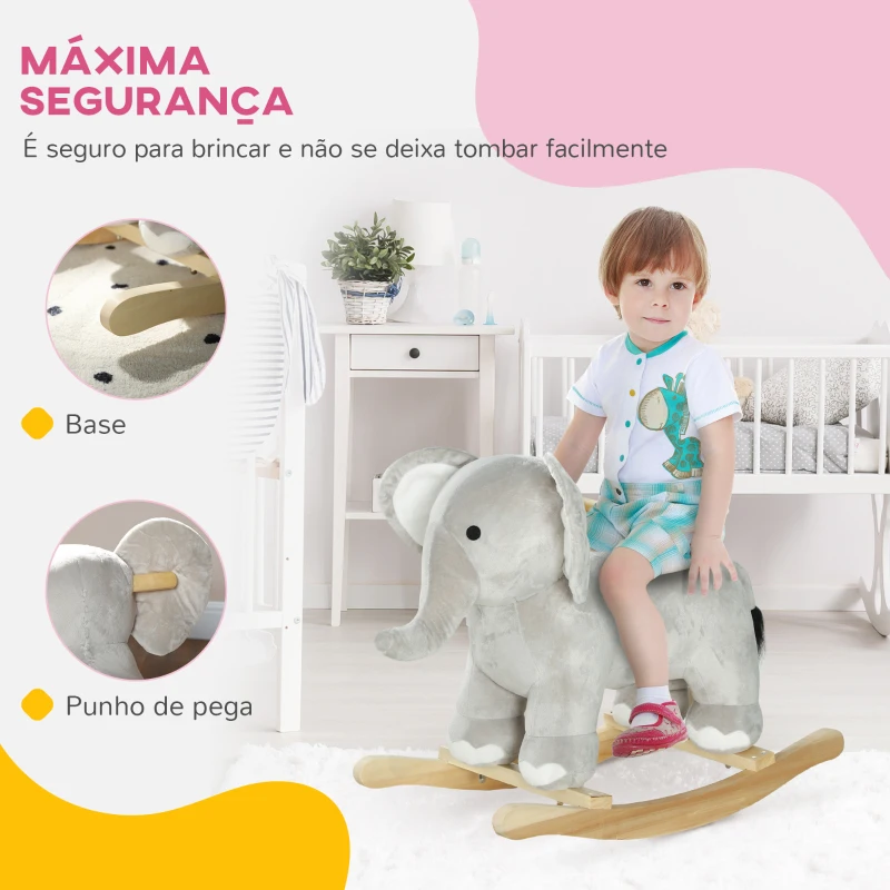 AIYAPLAY Cavalo Baloiço para Crianças Cavalo de Brincar em Forma de Elefante com Som Guiador e Base de Madeira 64,5x31x52 cm Cinzento
