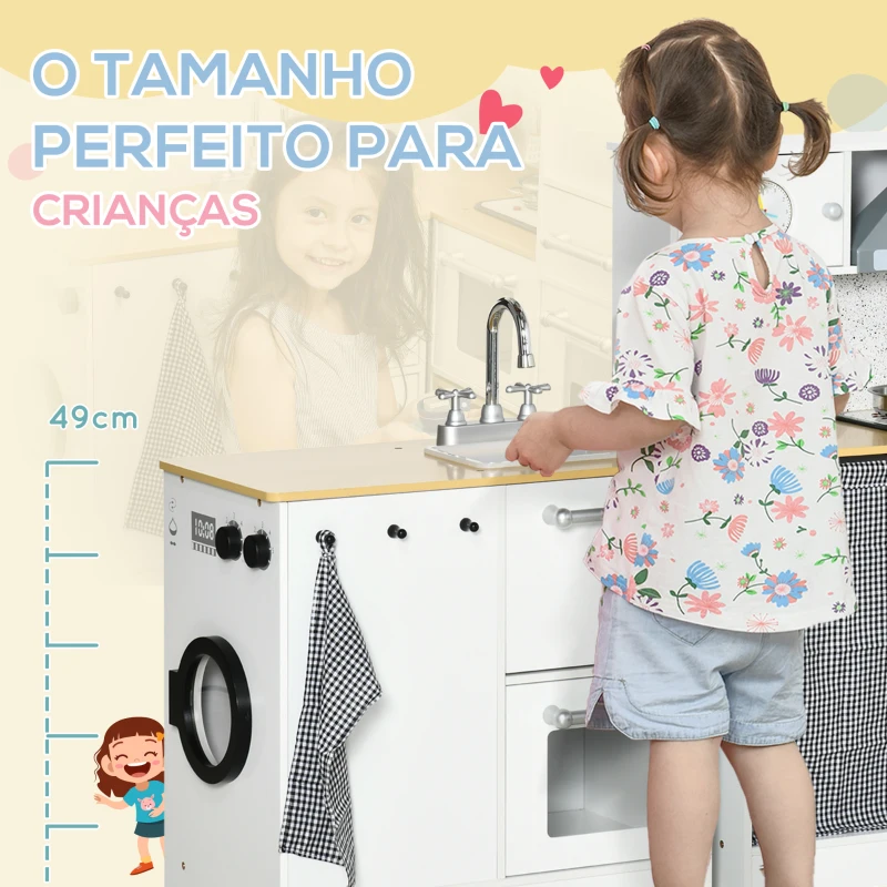 HOMCOM Cozinha Infantil de Madeira Cozinha para Crianças acima de 3 Anos com Luz Sons Máquina de Café Frigorífico Lavatório Branca