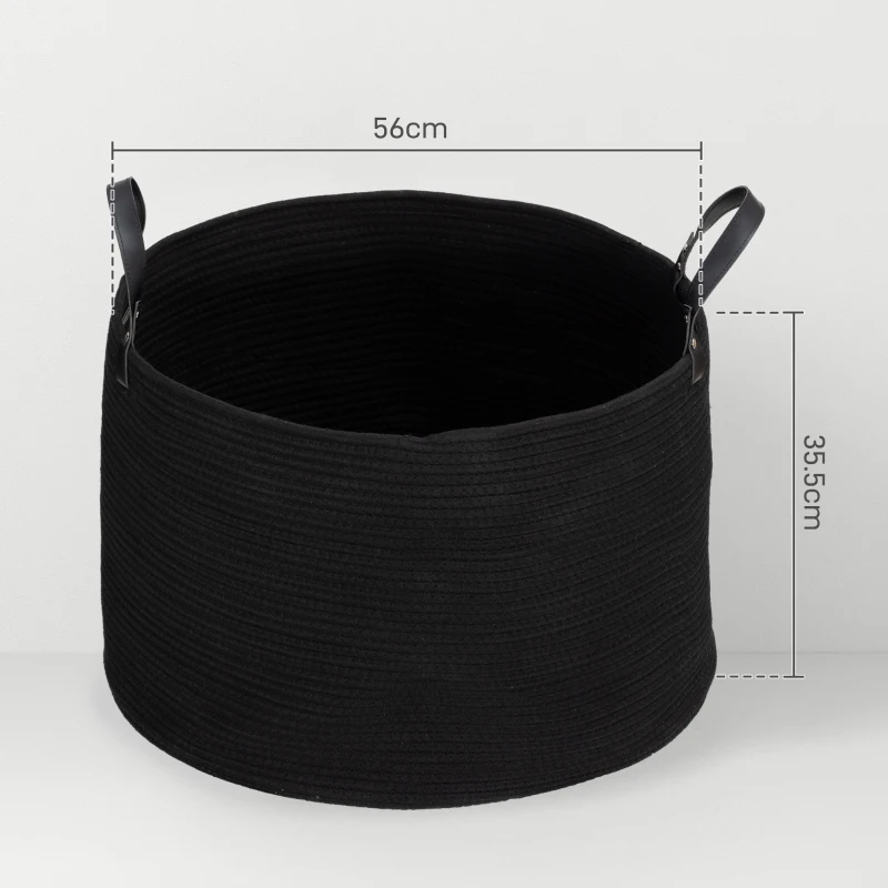 HOMCOM Coș pentru Rufe de 88L, Portabil și Pliabil cu Mânere, Coș de Rufe din Bumbac Natural, Ø56x35,5 cm, Negru