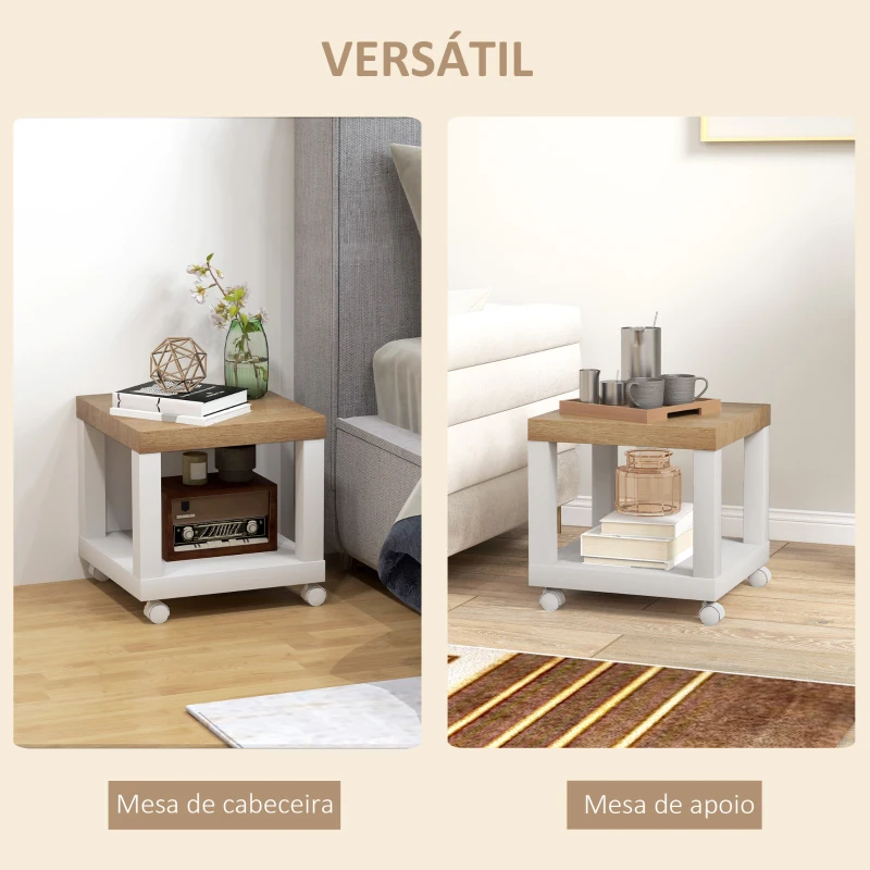 HOMCOM Mesa Auxiliar com Rodas Mesa Auxiliar com Prateleira Aberta para Sofá Dormitório 40x40x40 cm Branco e Madeira