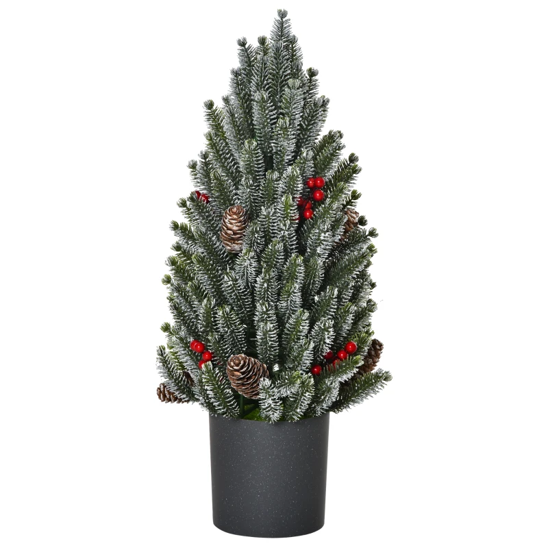 HOMCOM kunstkerstboom kleine tafel kerstboom 170 takken besneeuwd ontwerp eenvoudige constructie kerstboom met kunststof voet bessen dennenappels PE PVC groen Ø27 x 47 cm
