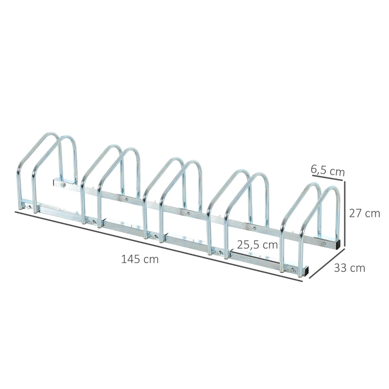 HOMCOM Estacionamento para 5 Bicicletas Suporte de Aço para Estacionar Bicicletas no Chão para Interior e Exterior 145x33x27cm Prata