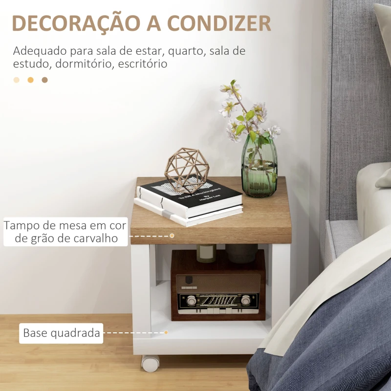 HOMCOM Mesa Auxiliar com Rodas Mesa Auxiliar com Prateleira Aberta para Sofá Dormitório 40x40x40 cm Branco e Madeira