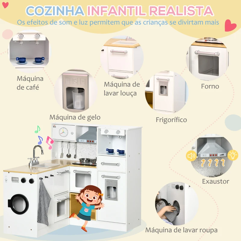 HOMCOM Cozinha Infantil de Madeira Cozinha para Crianças acima de 3 Anos com Luz Sons Máquina de Café Frigorífico Lavatório Branca