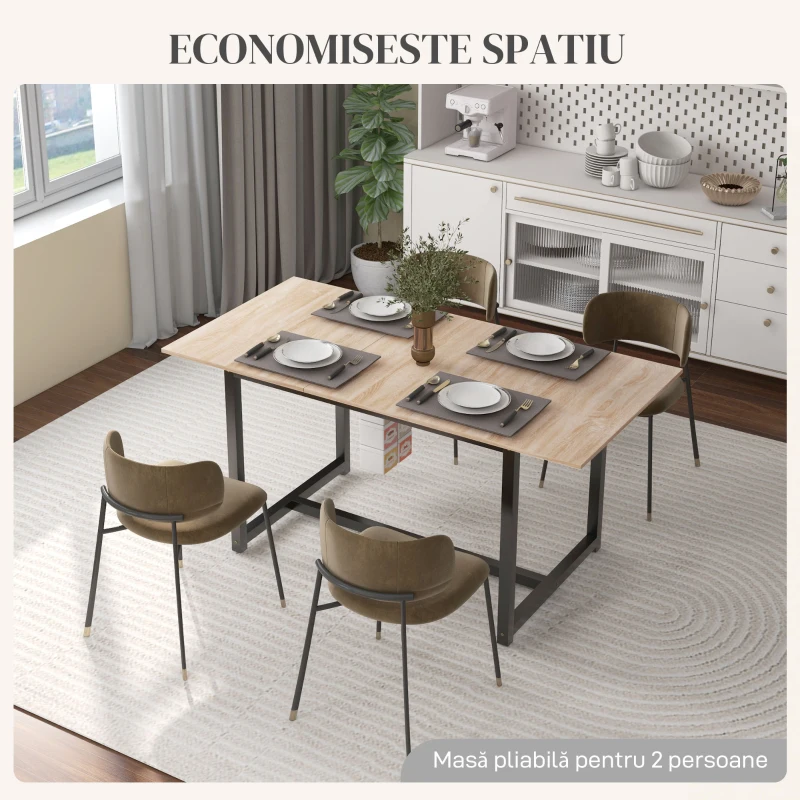 HOMCOM Masă Extensibilă pentru 4-6 Persoane Multifuncțională din Lemn și Oțel, 120-160x80x75,5 cm, Lemn Natural