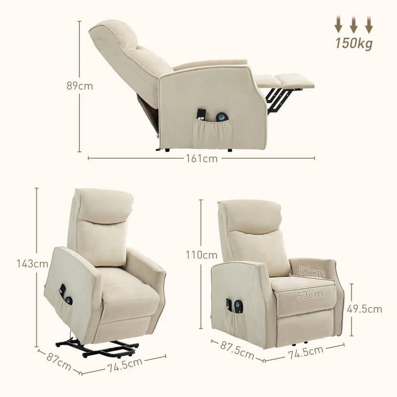 HOMCOM Fotoliu Electric de Relaxare cu 2 Telecomenzi, Suport pentru Picioare și 8 Puncte de Masaj, 74,5x87,5x110 cm, Crem