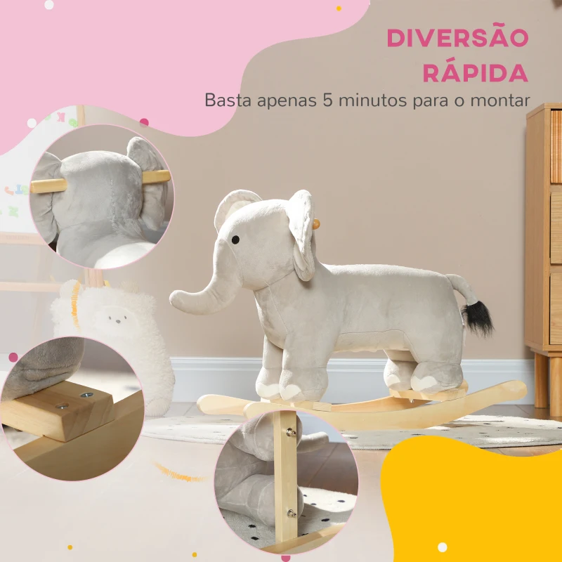 AIYAPLAY Cavalo Baloiço para Crianças Cavalo de Brincar em Forma de Elefante com Som Guiador e Base de Madeira 64,5x31x52 cm Cinzento