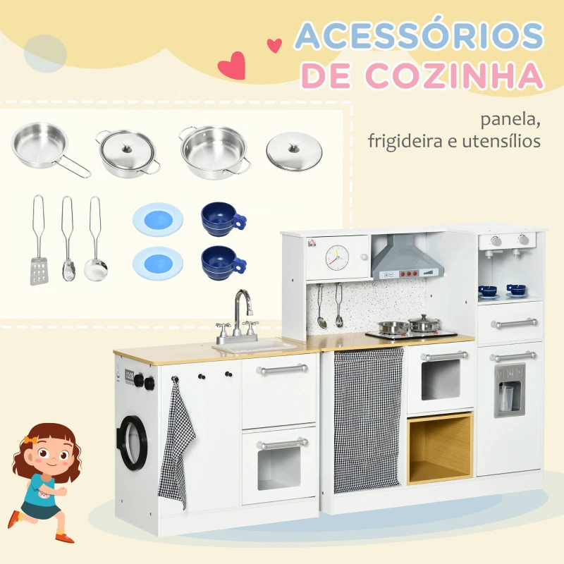 HOMCOM Cozinha Infantil de Madeira Cozinha para Crianças acima de 3 Anos com Luz Sons Máquina de Café Frigorífico Lavatório Branca