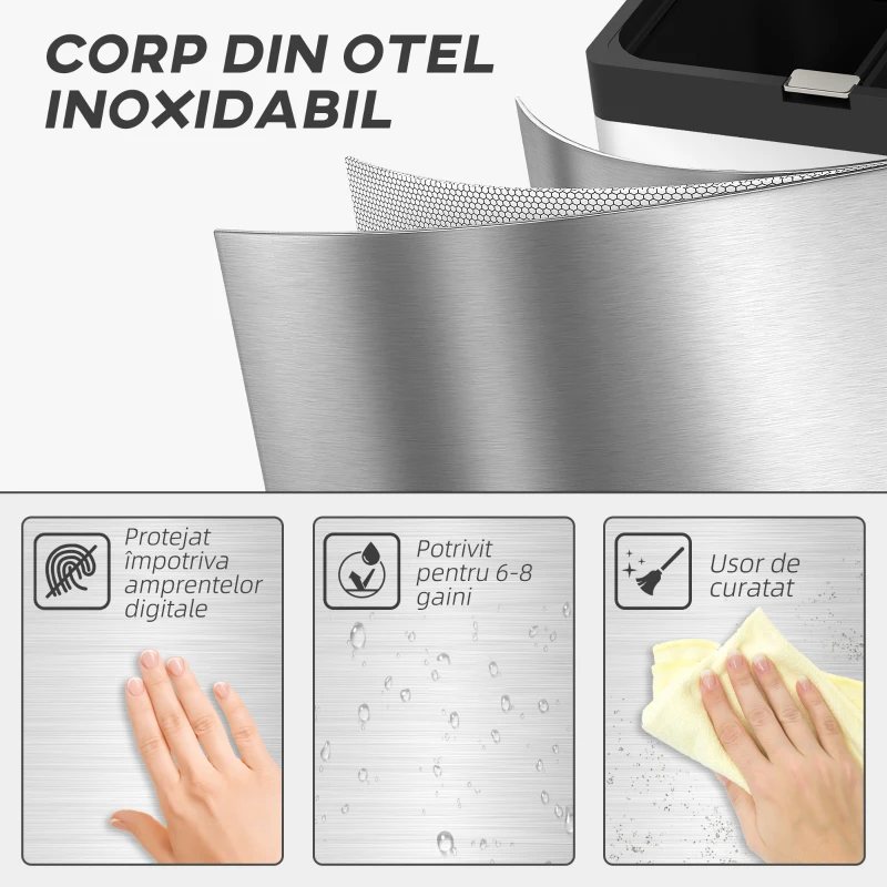 HOMCOM Coș de Gunoi cu 3 Compartimente de 56L, Pedală și Închidere Silențioasă, 45,7x35,8x76 cm, Argintiu