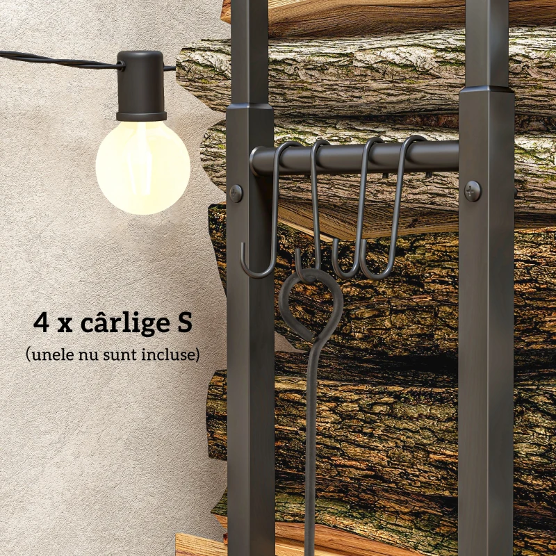 Outsunny Suport pentru Lemne din Metal, Suport Reglabil cu Cârlige în Formă de S, 40-65x25x100-150 cm, Negru