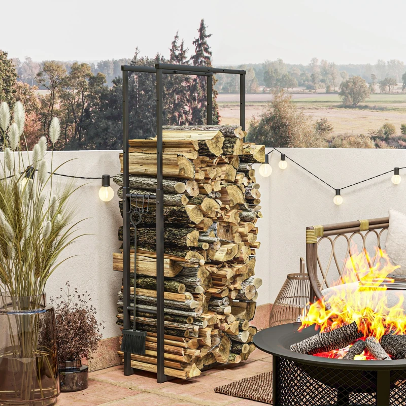 Outsunny Suport pentru Lemne din Metal, Suport Reglabil cu Cârlige în Formă de S, 40-65x25x100-150 cm, Negru