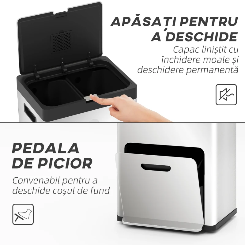 HOMCOM Coș de Gunoi cu 3 Compartimente de 56L, Pedală și Închidere Silențioasă, 45,7x35,8x76 cm, Argintiu