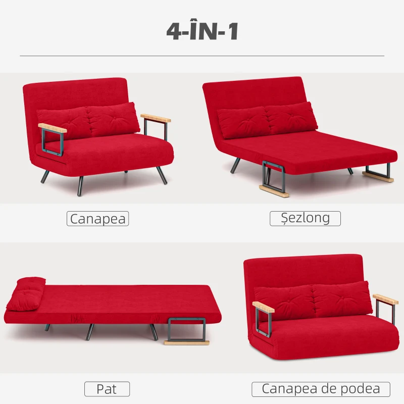 HOMCOM Canapea Pat de 2 Locuri cu Spătar Reglabil pe 5 Nivele, Canapea Pat Pliabilă Matrimonială, 102x73x81 cm, Roșu(m-4)