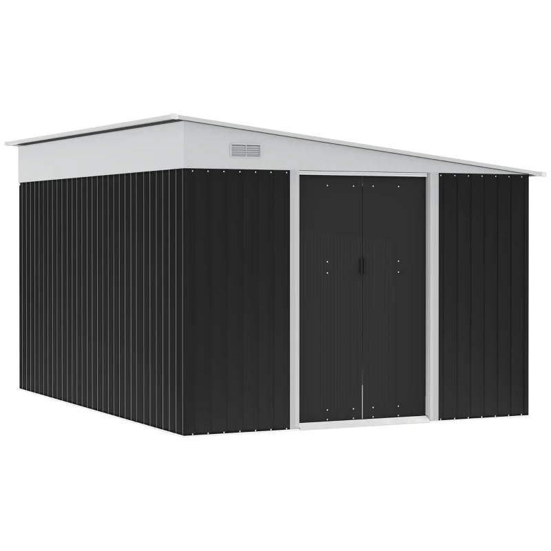 Magazie de Gradina Outsunny cu Usa Glisanta si Orificii de Aerisire, din Otel Galvanizat, 345x280.5x169-201 cm, Negru