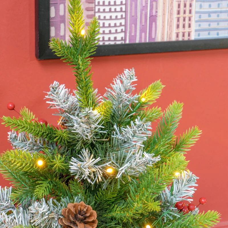 HOMCOM Árvore de Natal de Mesa 60 cm com 20 Luzes LED 141 Ramos 5 Pinhas 5 Bagas Vermelhas e Suporte de Metal para Interior Verde