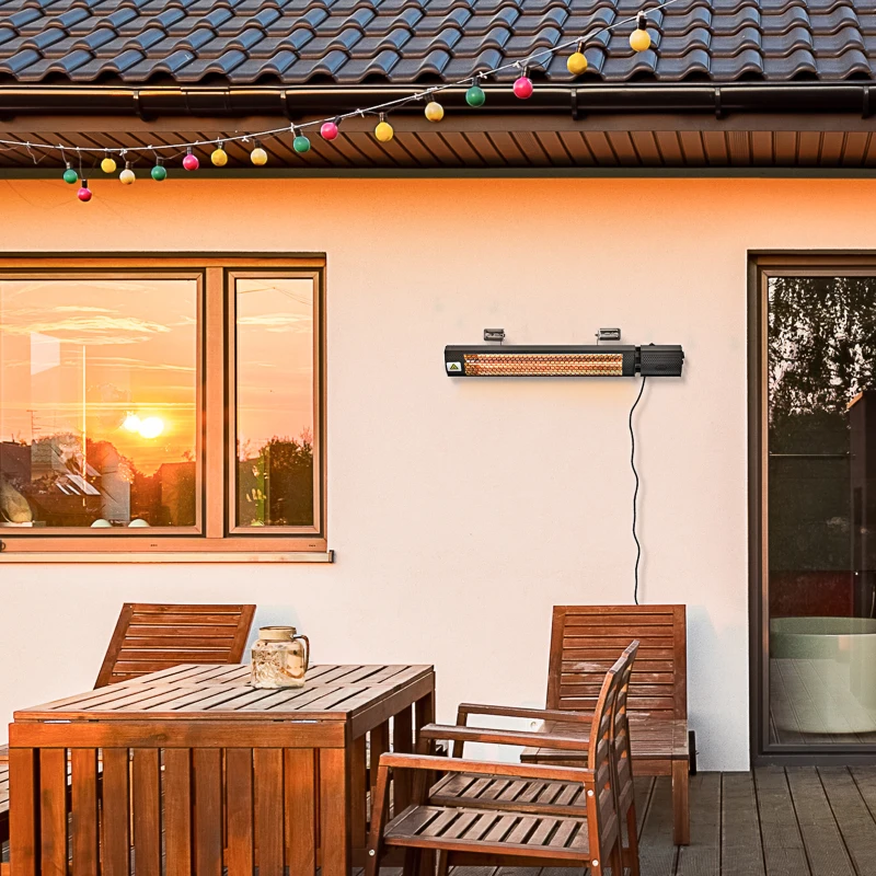 Outsunny Calefactor Exterior de Pared 1000/2000W Calefactor Eléctrico de Baño por Infrarrojo con Mando a Distancia 2 Niveles de Calor Ángulo Ajustable Protección IP55 Aluminio 67,5x10,5x7 cm Negro