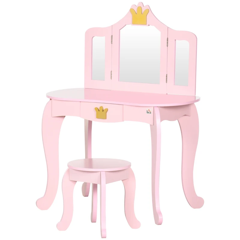 HOMCOM Tocador Infantil de Madera con Taburete y Espejos Mesa de Maquillaje para 3-6A  Estilo Princesa 79x48x103 cm Rosa