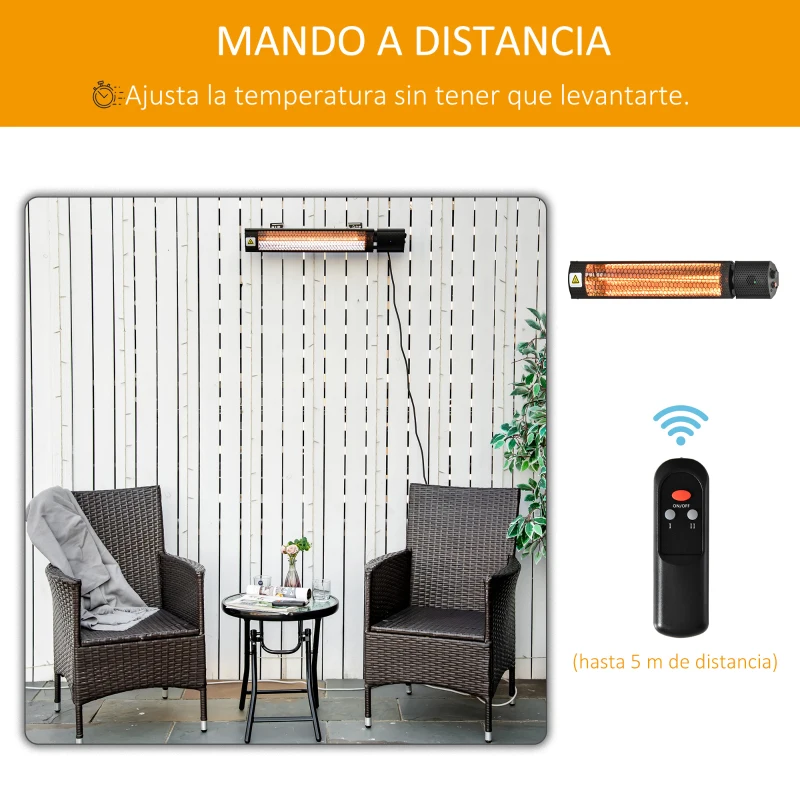 Outsunny Calefactor Exterior de Pared 1000/2000W Calefactor Eléctrico de Baño por Infrarrojo con Mando a Distancia 2 Niveles de Calor Ángulo Ajustable Protección IP55 Aluminio 67,5x10,5x7 cm Negro