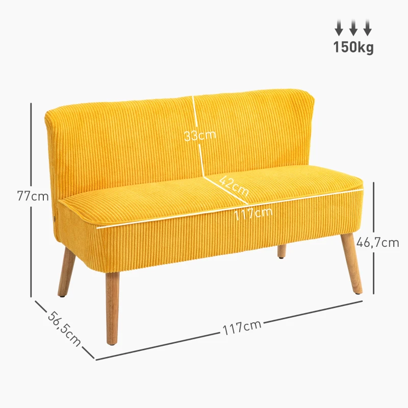 HOMCOM Tweezitsbank in elegant Scandinavisch ontwerp, stevig houten frame, tot 150 kg, 117 x 56,5 x 77 cm, Geel(m-3)
