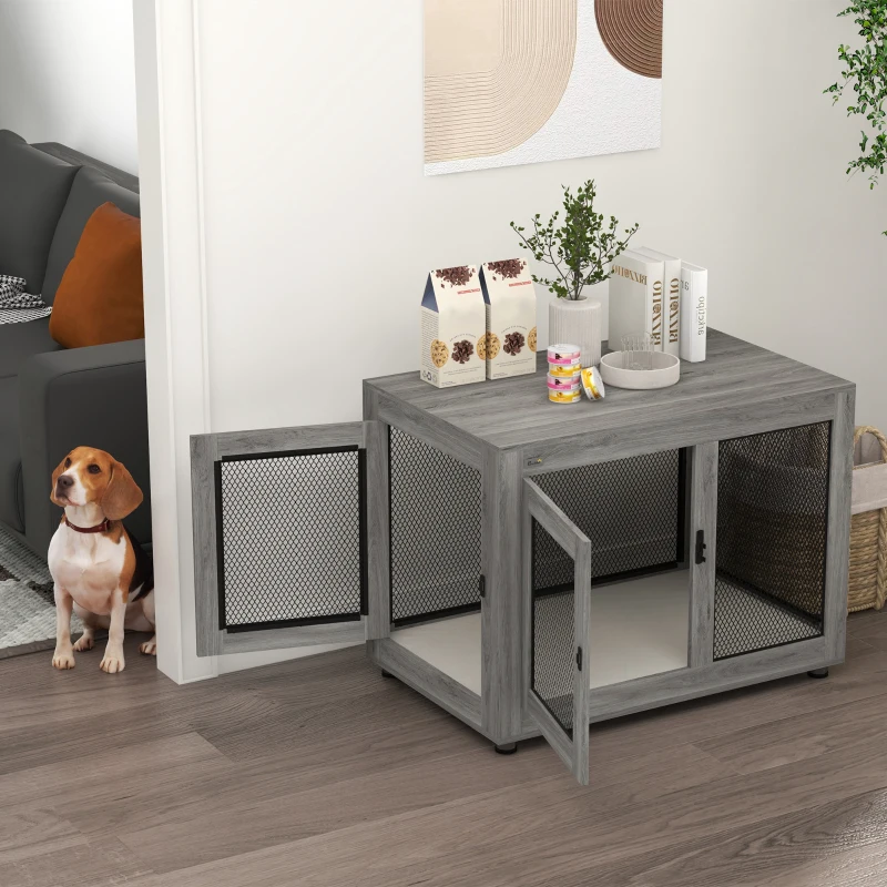 PawHut Gaiola para Cães de Madeira Mesa de Centro l com 2 Portas com Fechadura Almofada de Tecido Oxford 94x60x71,5 cm Cinza