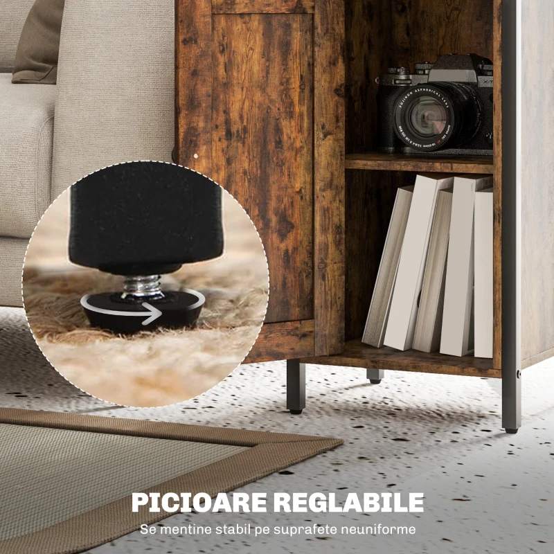 HOMCOM Noptieră în Stil Industrial cu 2 Rafturi Deschise și Raft Interior Reglabil pe 3 Nivele, 34x30x80 cm, Maro Rustic