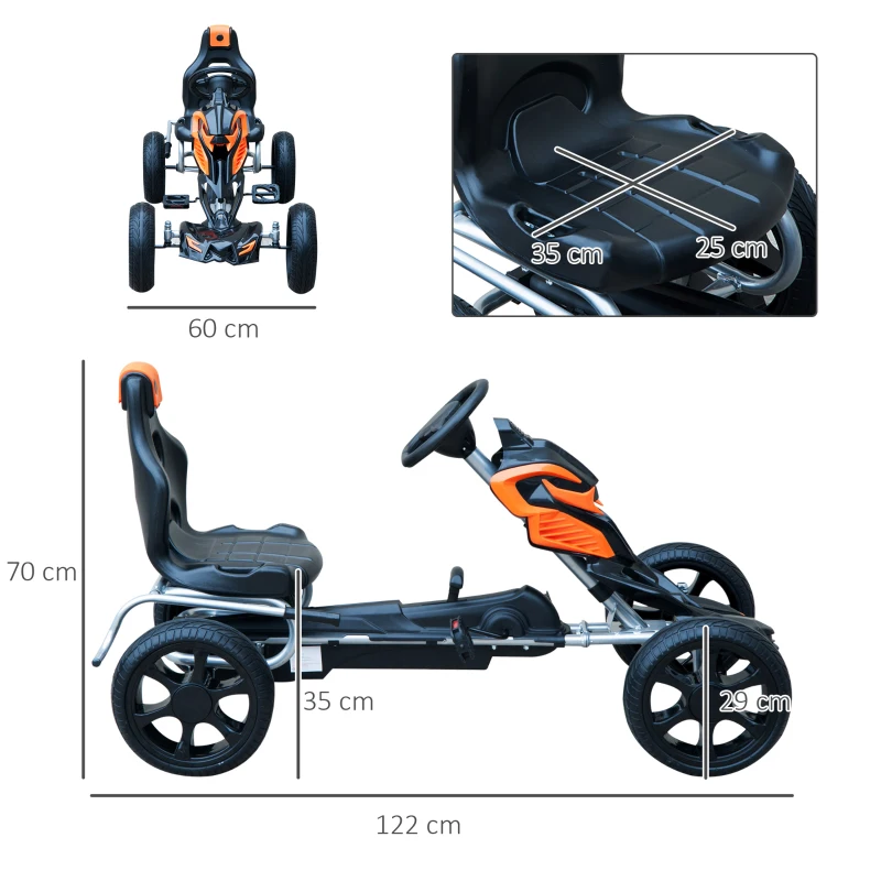 HOMCOM Go Kart Racing Deportivo Coche de Pedales para Niños +5 Años con Asiento Ajustable Embrague y Freno Ruedas de Goma 122x60x70cm Negro y Naranja