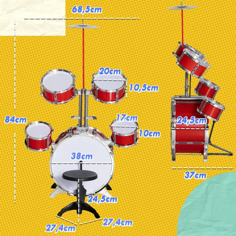 AIYAPLAY Bateria Infantil com Banco Bateria para Crianças Acima de 3 Anos com Tambores Pedas e Baquetas 68,5x37x84 cm Vermelho
