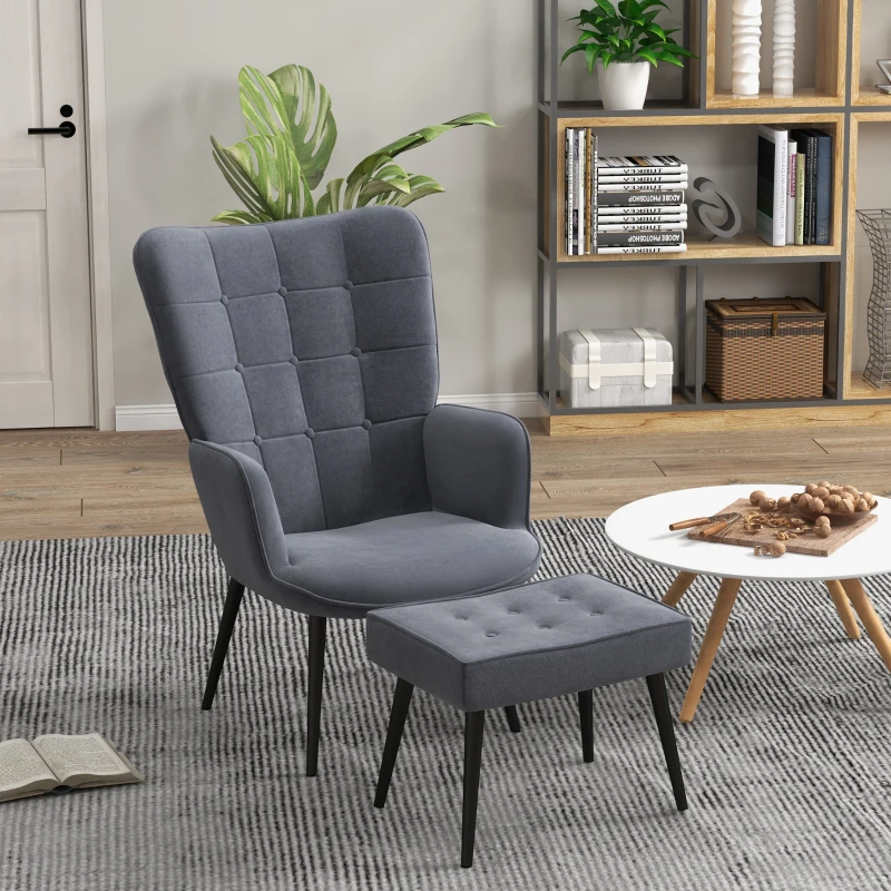 HOMCOM Sessel mit Ottomane, bis 120 kg. Knopfheftung, Dunkelgrau