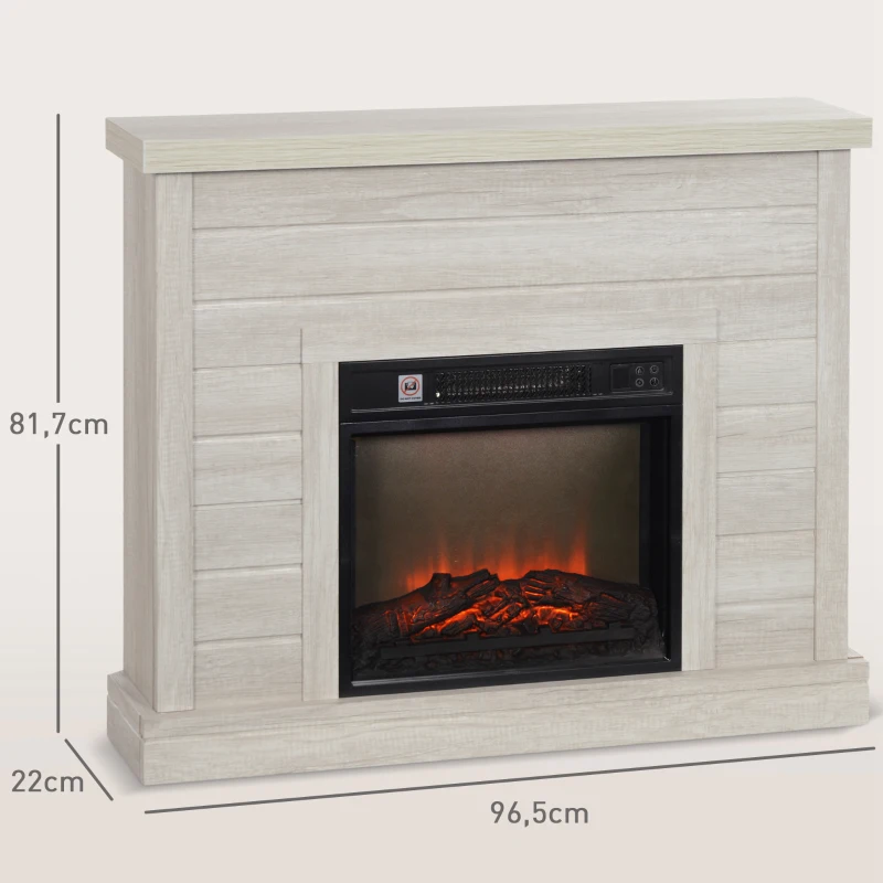 HOMCOM Lareira Elétrica 1800W Lareira Decorativa com Efeito de Chama Realista Temporizador para Ambientes de 30 m² 96,5x22x81,7 cm Madeira Clara